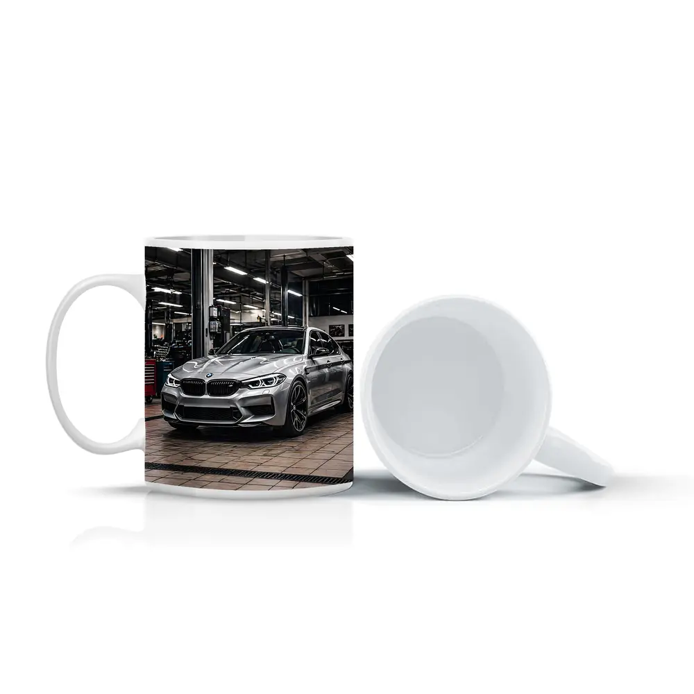 Silver BMW M5 Inside Auto Service Bay – Mugs