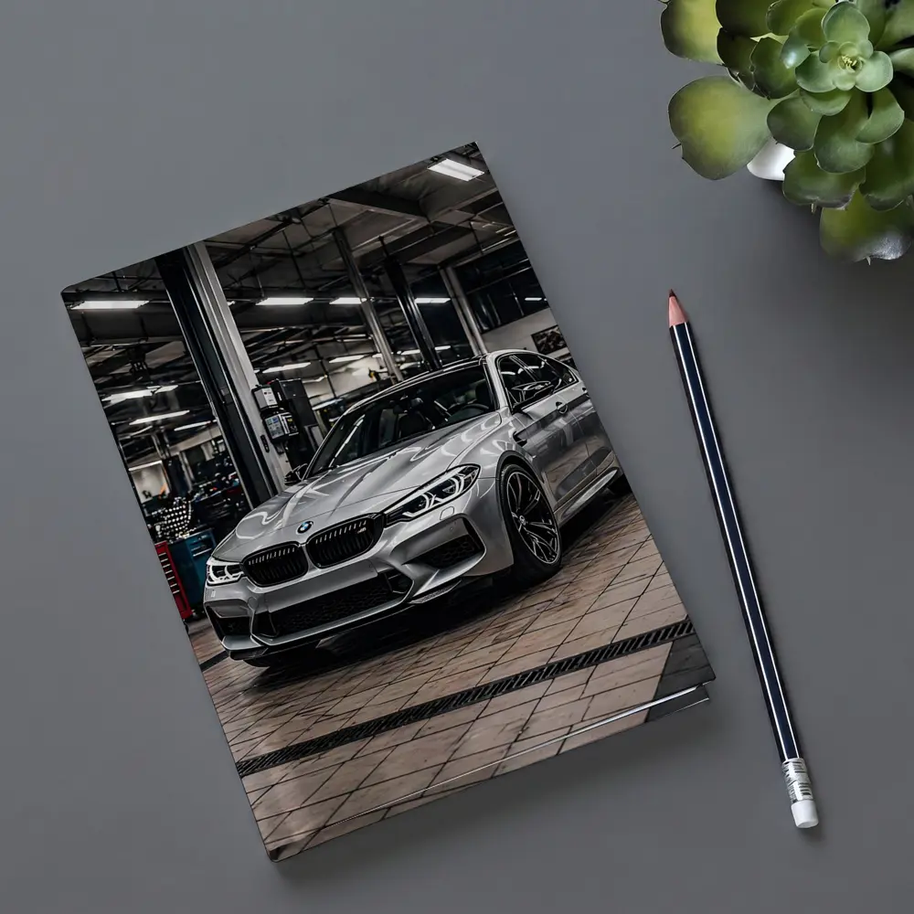 Silver BMW M5 Inside Auto Service Bay – Notebooks