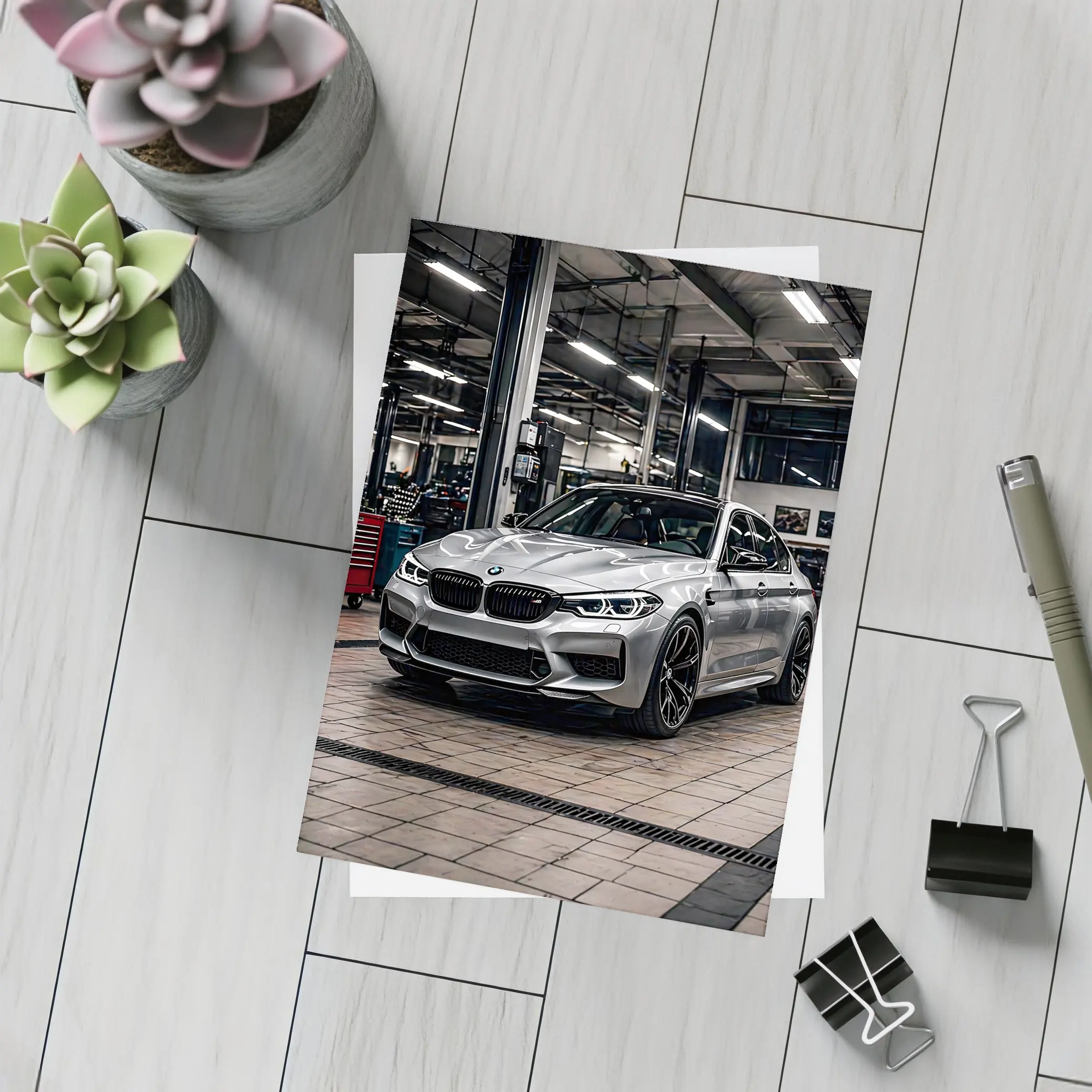 Silver BMW M5 Inside Auto Service Bay – Postcards