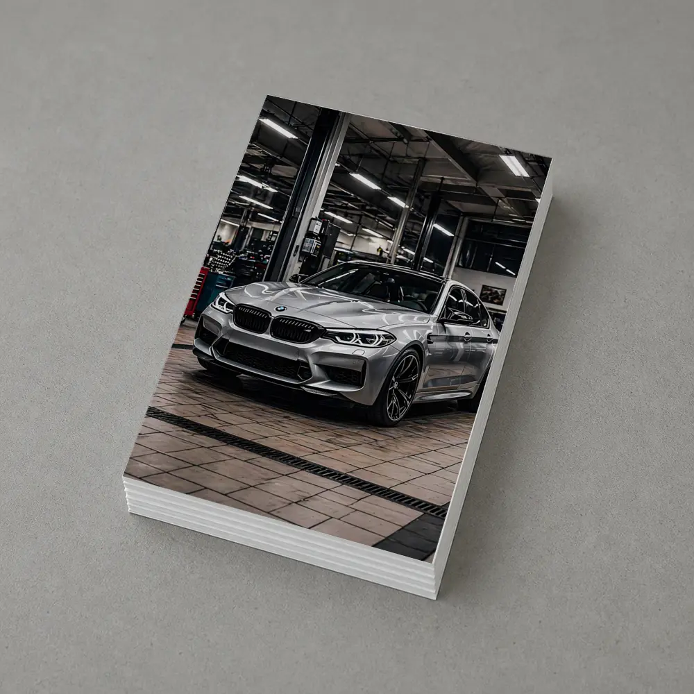 Silver BMW M5 Inside Auto Service Bay – Postcards