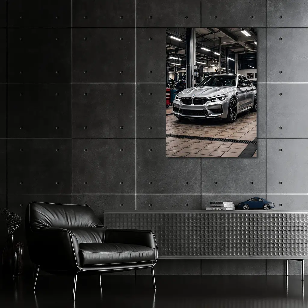 Silver BMW M5 Inside Auto Service Bay – Wall Art