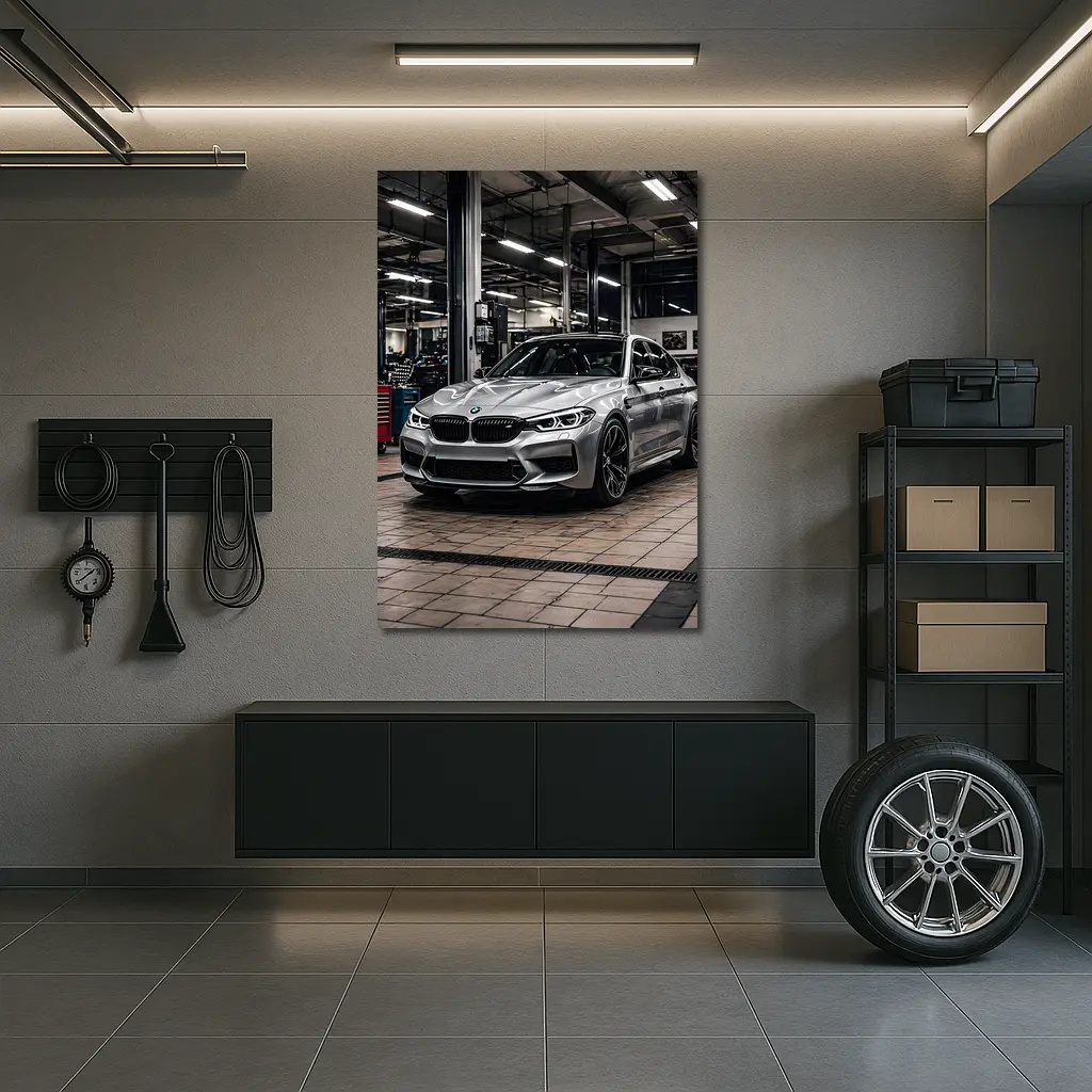 Silver BMW M5 Inside Auto Service Bay – Wall Art