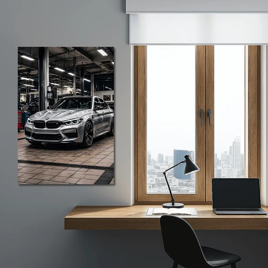 Silver BMW M5 Inside Auto Service Bay – Wall Art