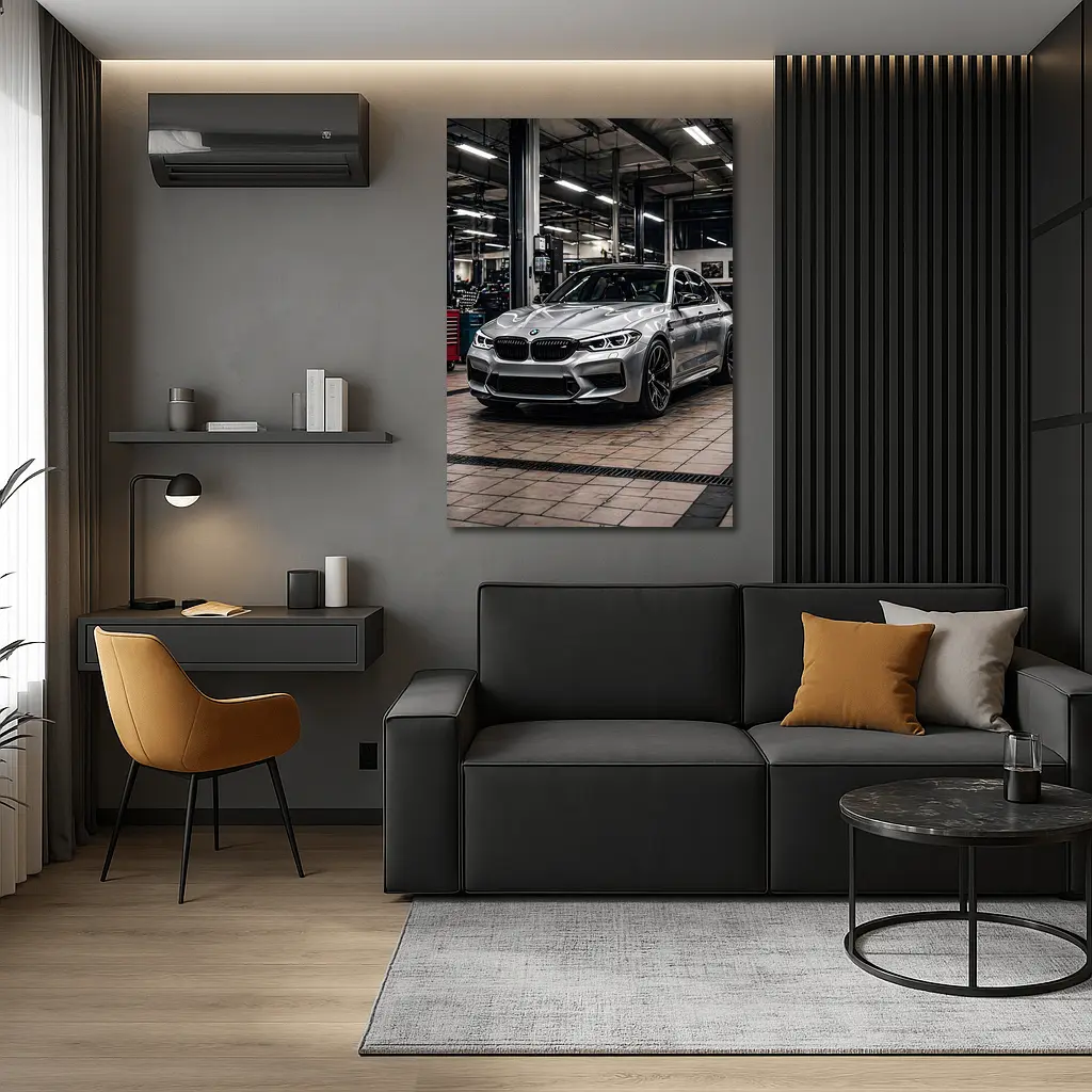 Silver BMW M5 Inside Auto Service Bay – Wall Art