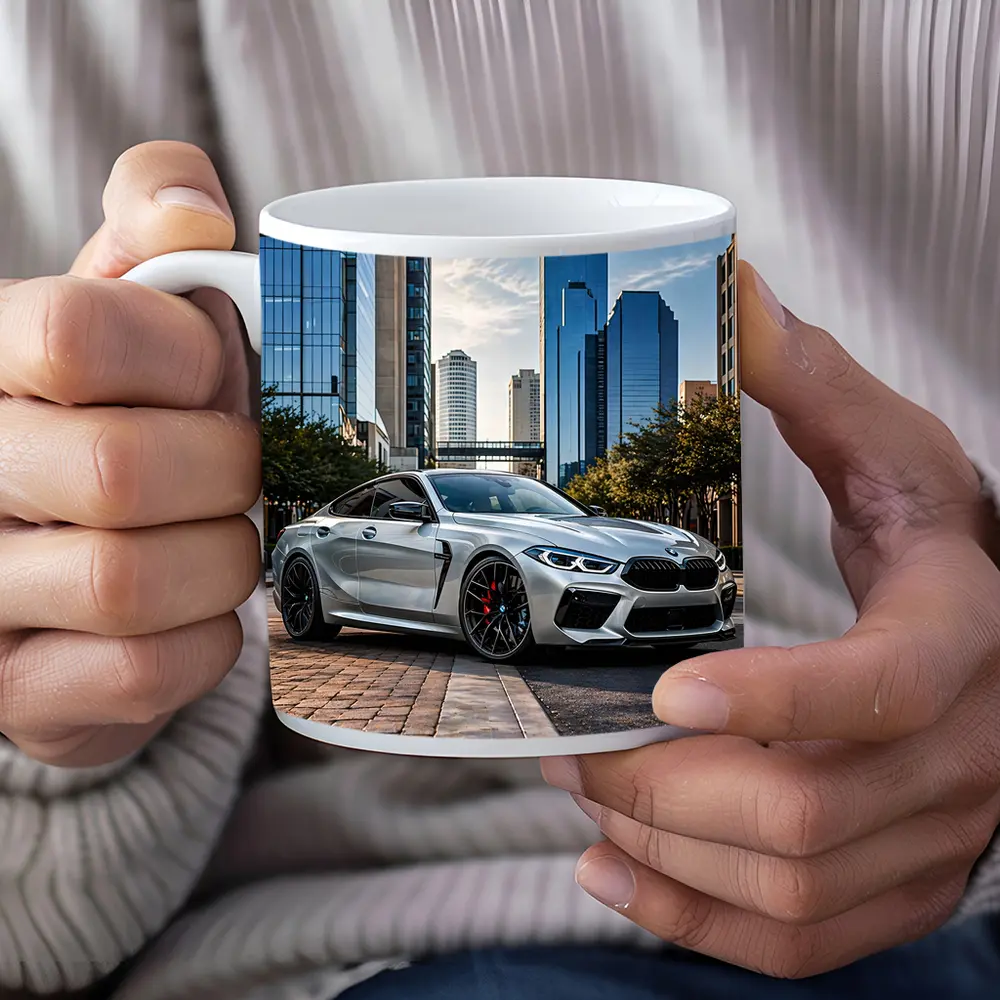 BMW M8 Silver Coupe City Skyline – Mugs