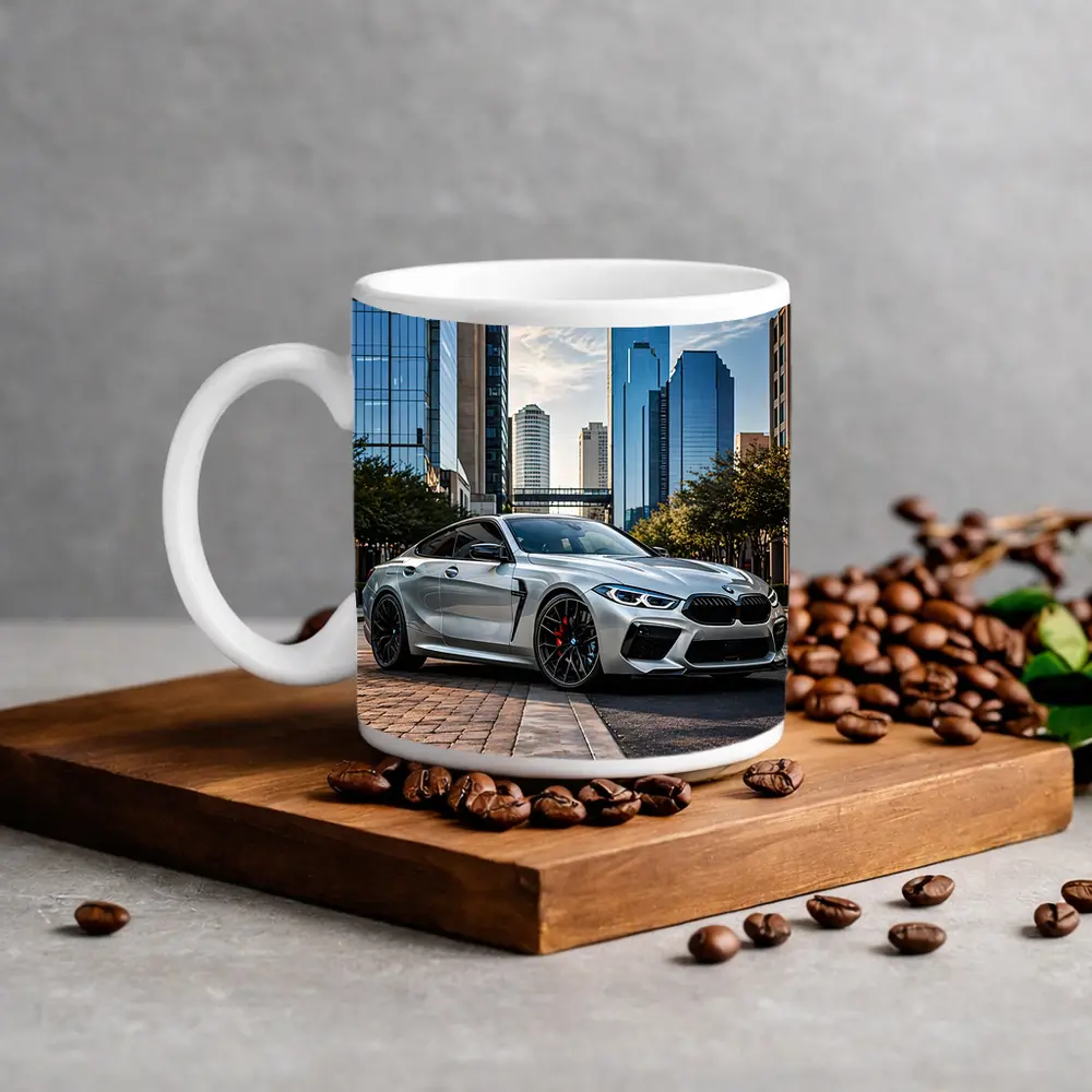 BMW M8 Silver Coupe City Skyline – Mugs