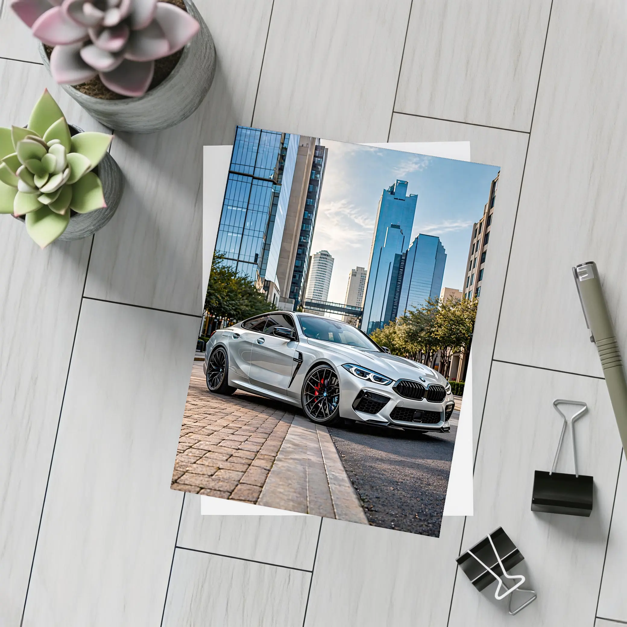 BMW M8 Silver Coupe City Skyline – Postcards