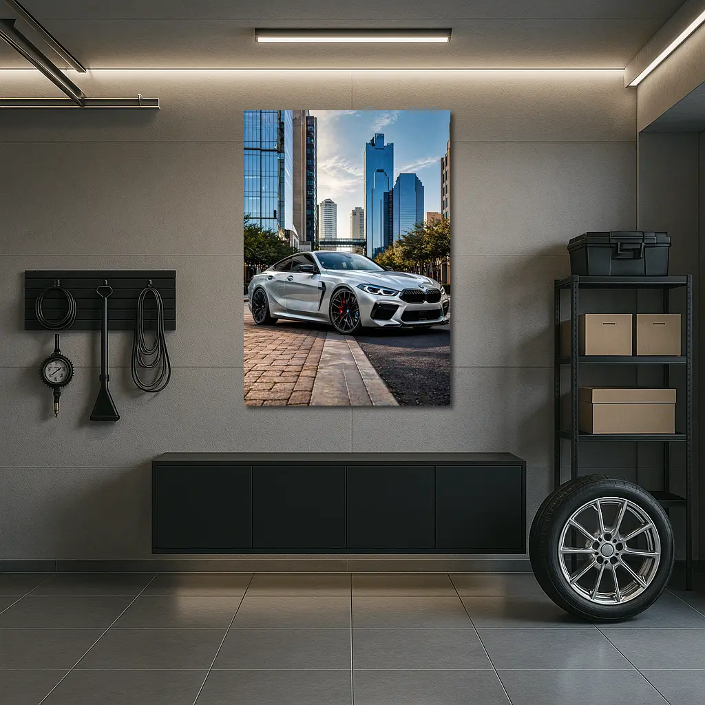 BMW M8 Silver Coupe City Skyline – Wall Art