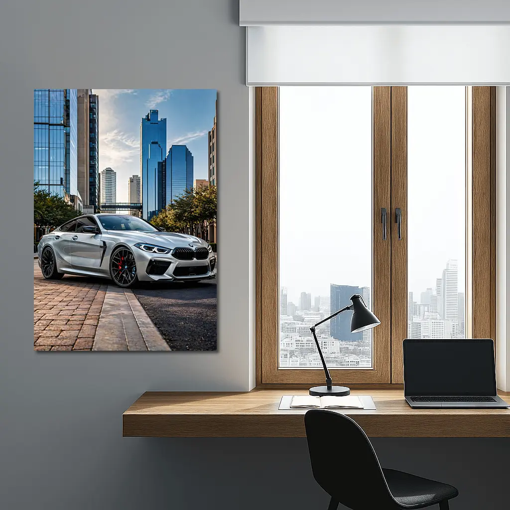 BMW M8 Silver Coupe City Skyline – Wall Art
