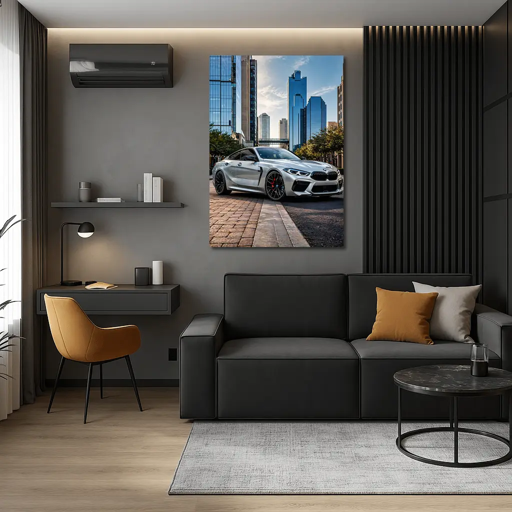 BMW M8 Silver Coupe City Skyline – Wall Art