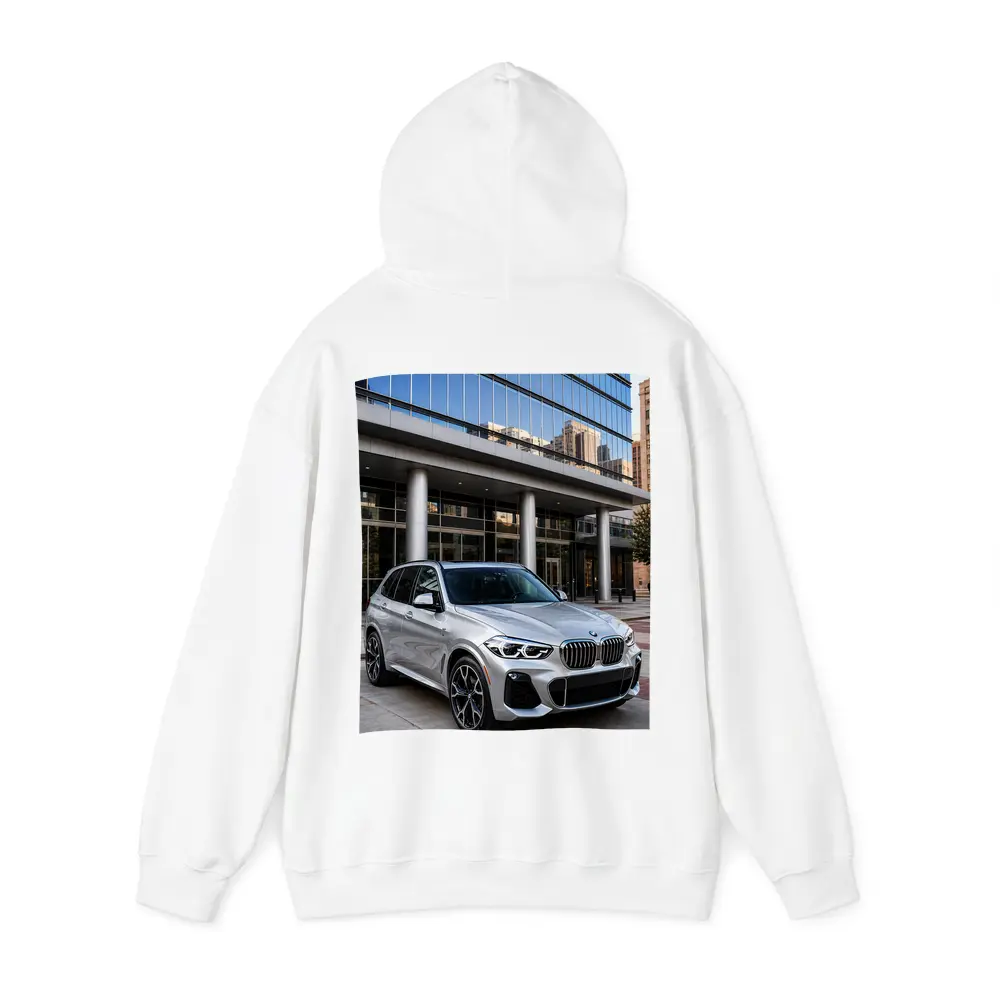 BMW X5 Silver SUV Urban Building Background – Hoodies