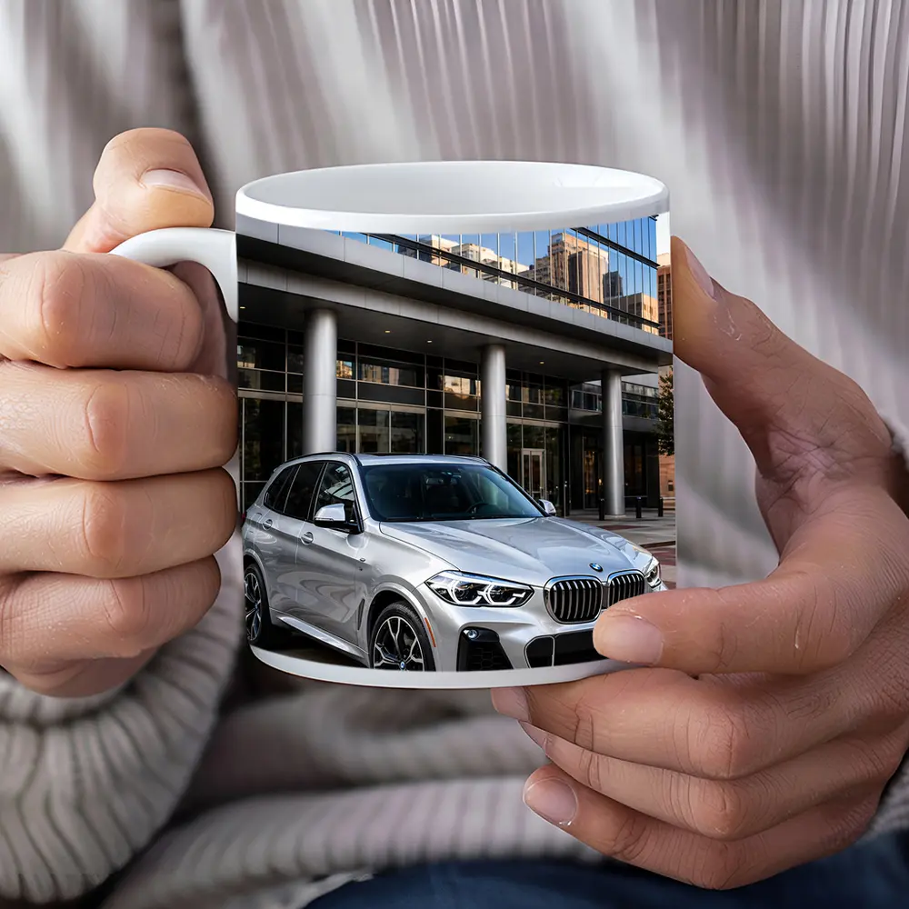 BMW X5 Silver SUV Urban Building Background – Mugs