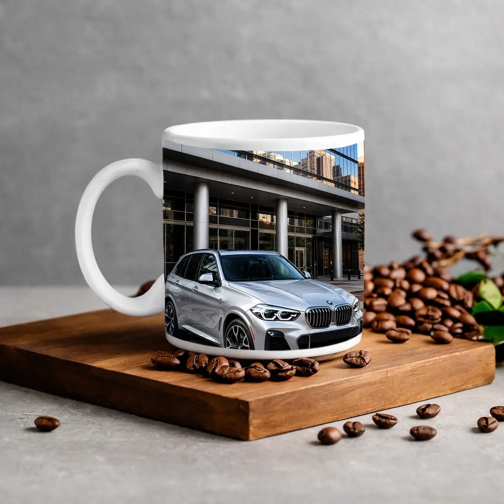 BMW X5 Silver SUV Urban Building Background – Mugs