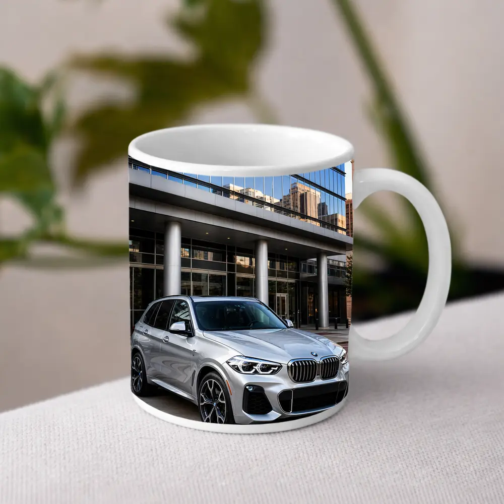 BMW X5 Silver SUV Urban Building Background – Mugs