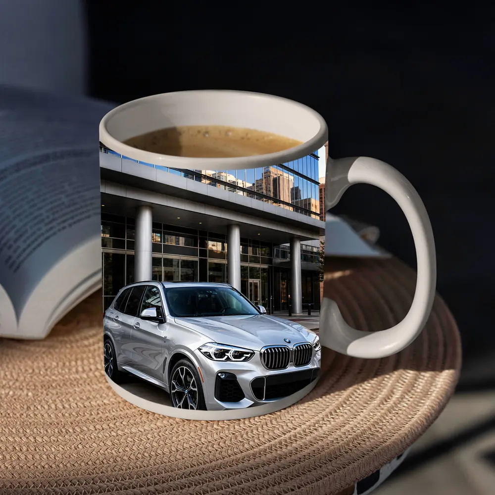BMW X5 Silver SUV Urban Building Background – Mugs
