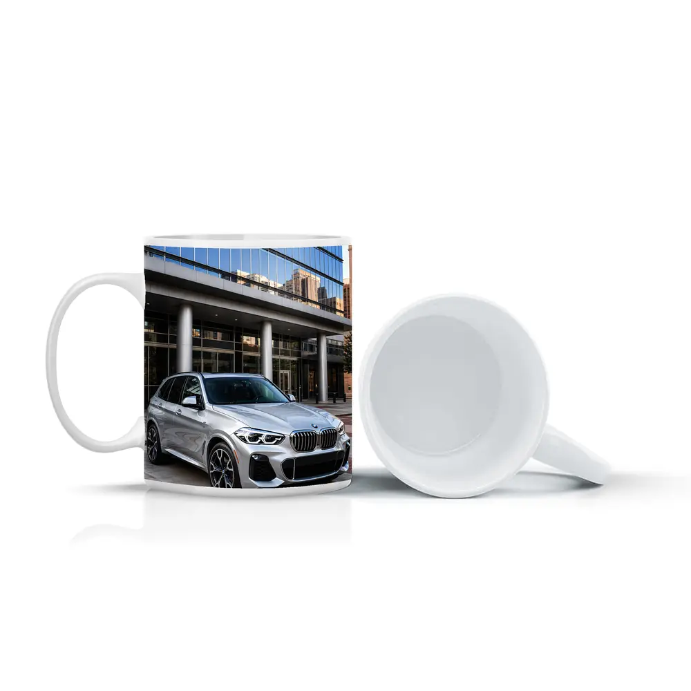 BMW X5 Silver SUV Urban Building Background – Mugs