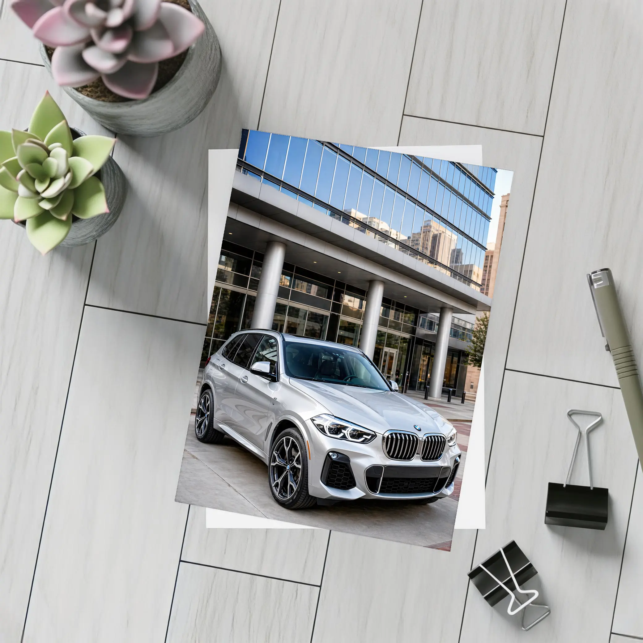 BMW X5 Silver SUV Urban Building Background – Postcards