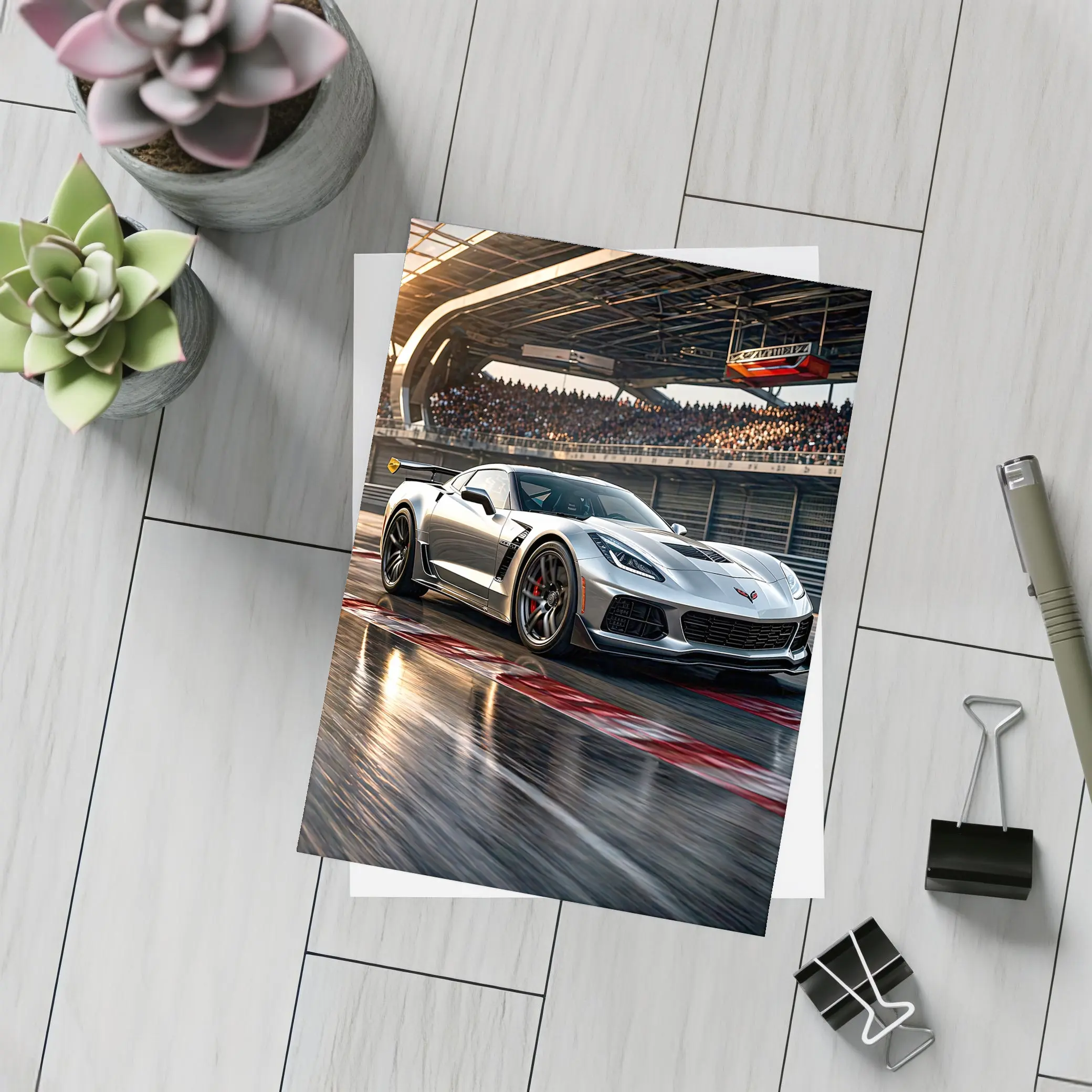 Chevrolet Corvette Silver Race Track Sunset – Postcards