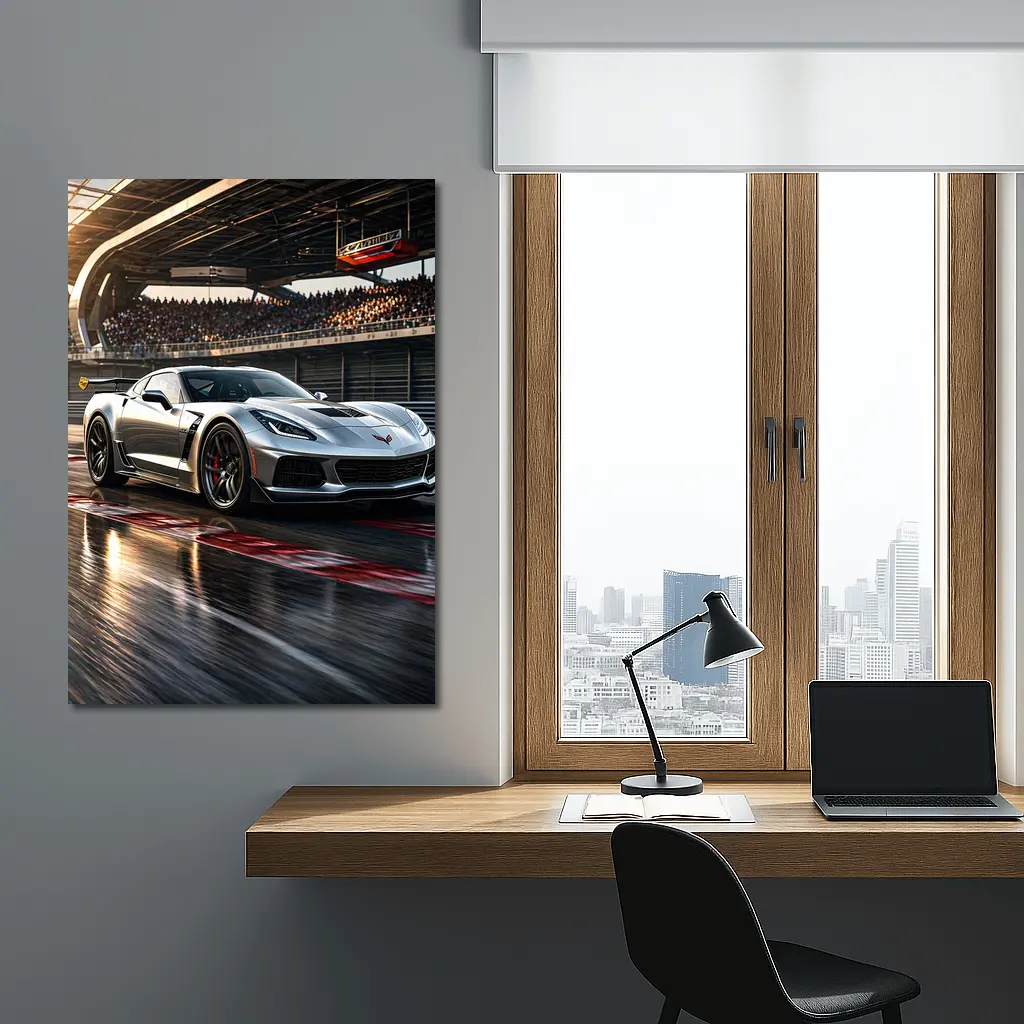 Chevrolet Corvette Silver Race Track Sunset – Wall Art