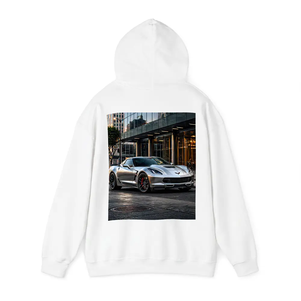 Chevrolet Corvette Silver Urban City Setting – Hoodies