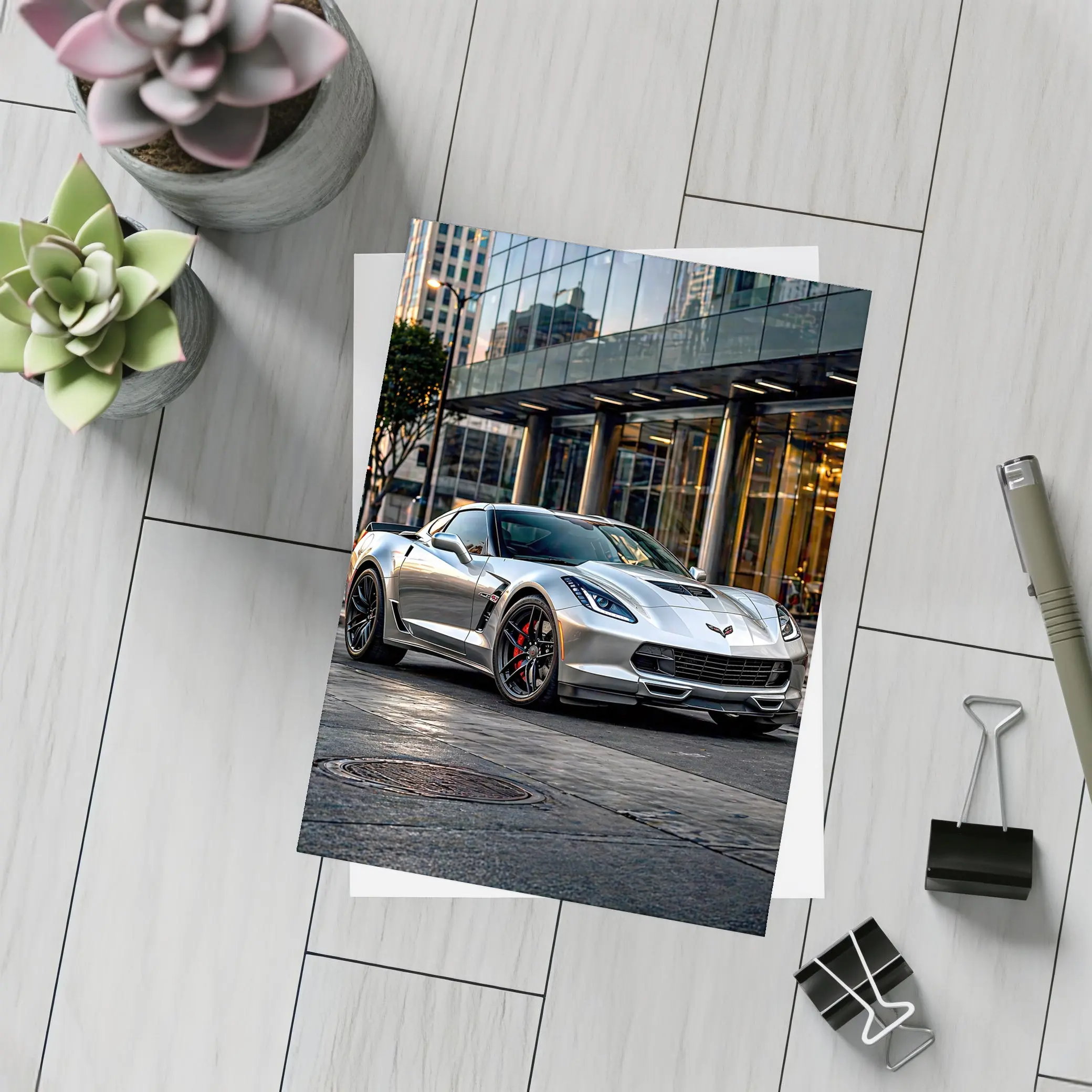 Chevrolet Corvette Silver Urban City Setting – Postcards