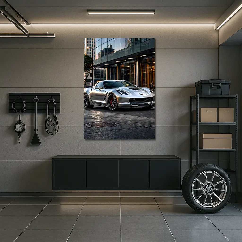 Chevrolet Corvette Silver Urban City Setting – Wall Art