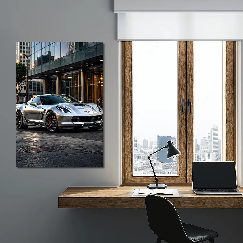 Chevrolet Corvette Silver Urban City Setting – Wall Art