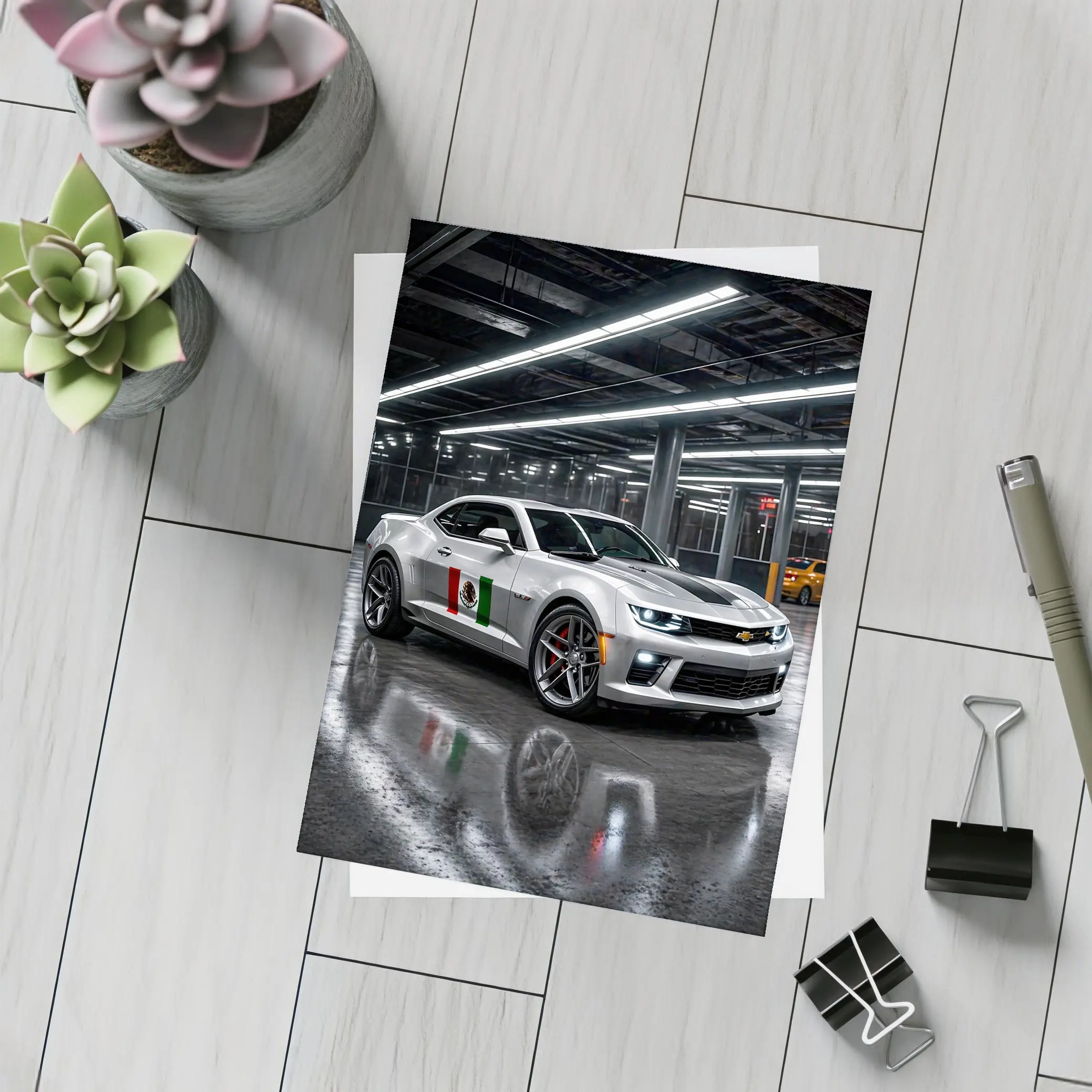 Chevrolet Camaro Silver Mexican Flag Garage Night – Postcards