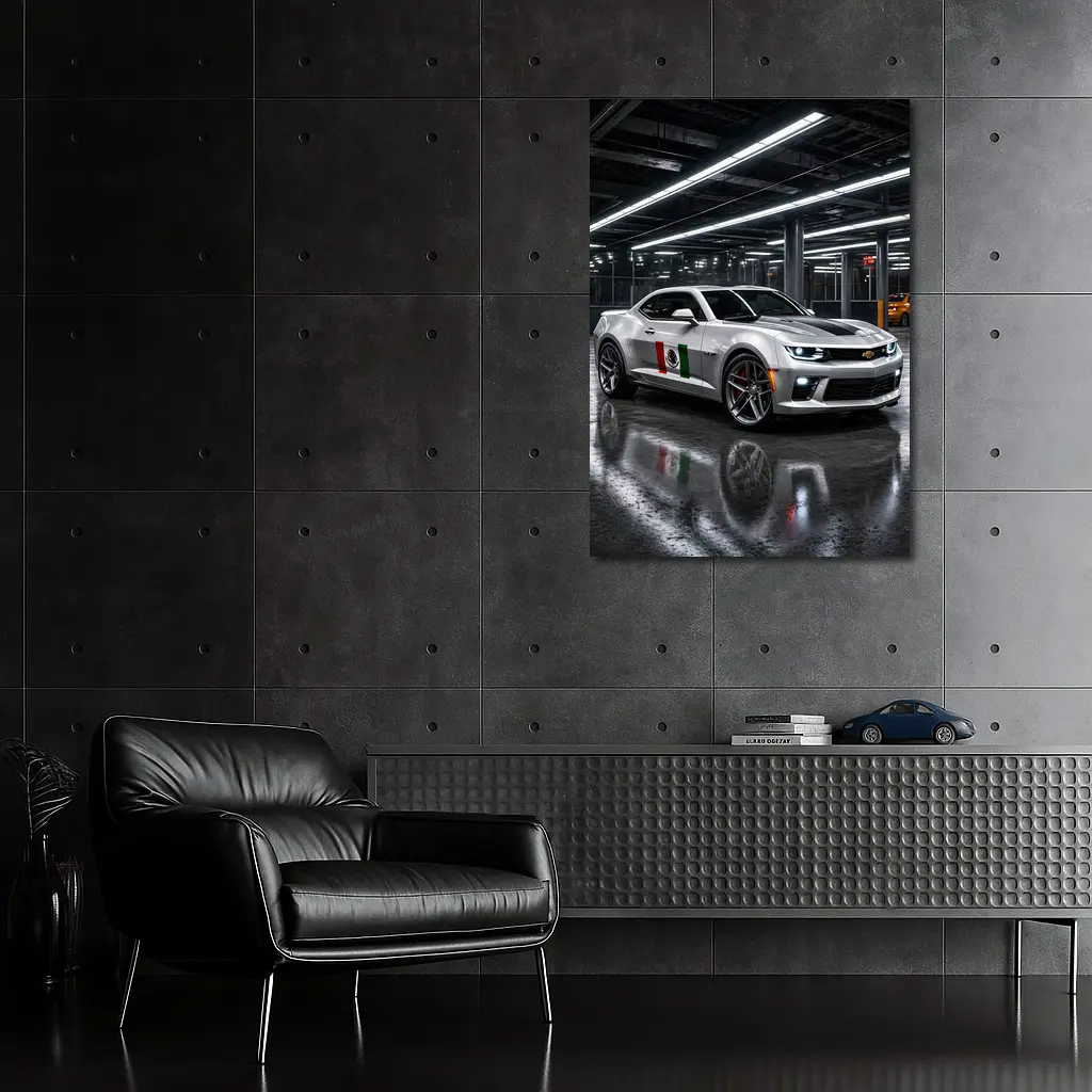 Chevrolet Camaro Silver Mexican Flag Garage Night – Wall Art