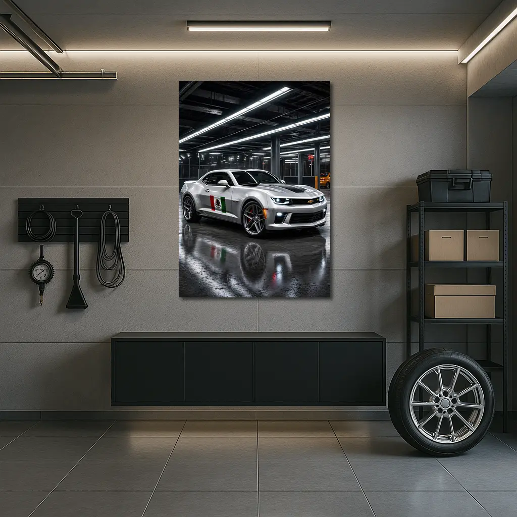 Chevrolet Camaro Silver Mexican Flag Garage Night – Wall Art