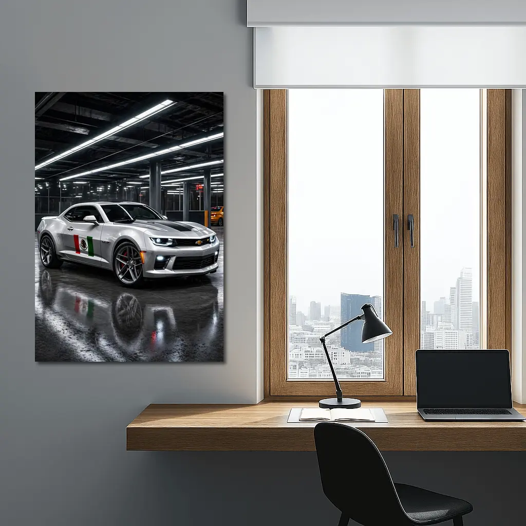 Chevrolet Camaro Silver Mexican Flag Garage Night – Wall Art