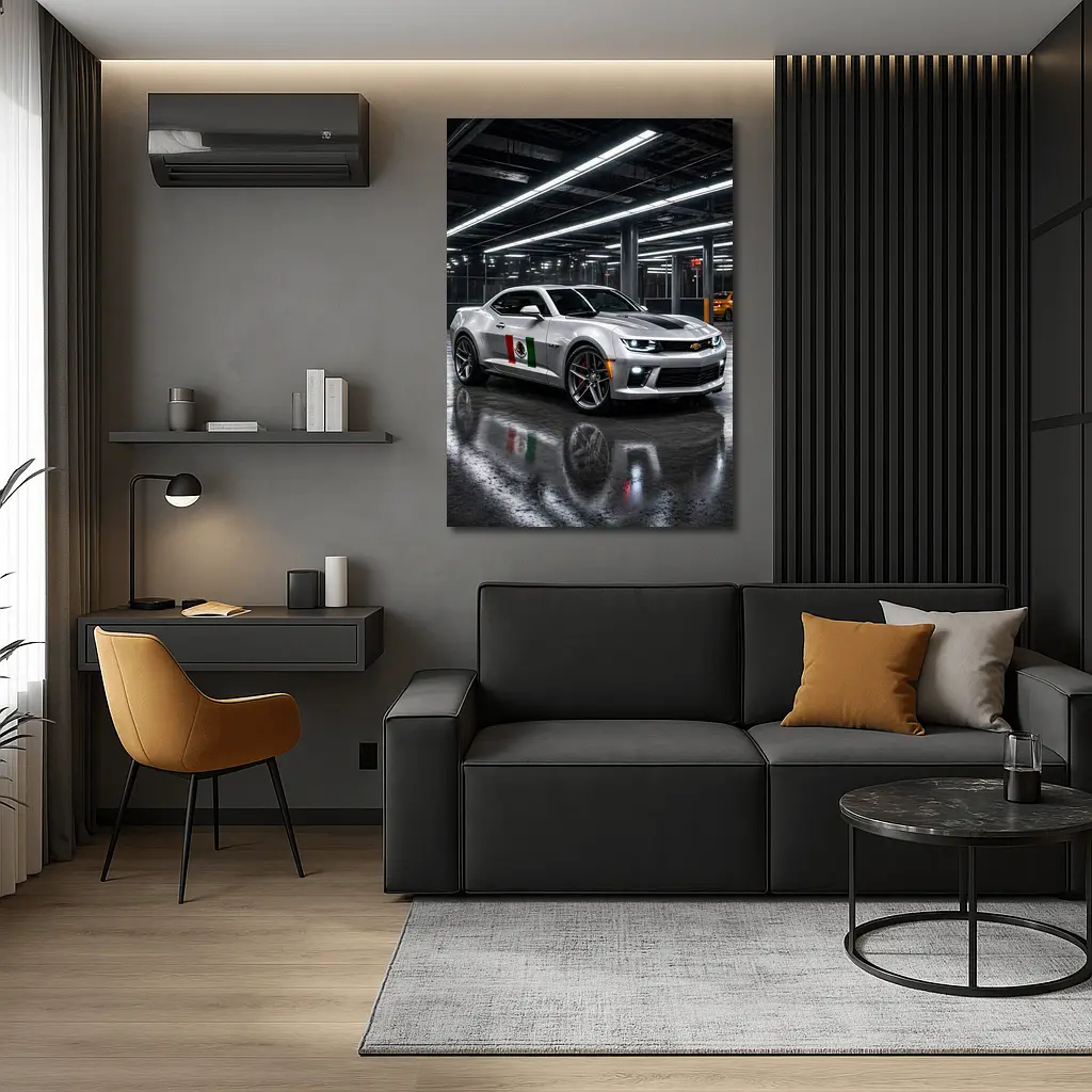 Chevrolet Camaro Silver Mexican Flag Garage Night – Wall Art