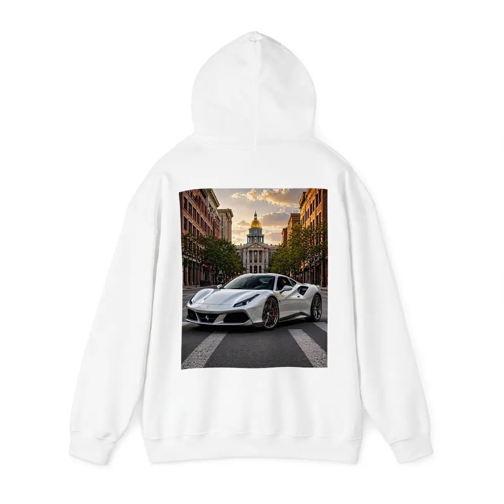 White Ferrari 488 GTB Downtown City Street – Hoodies