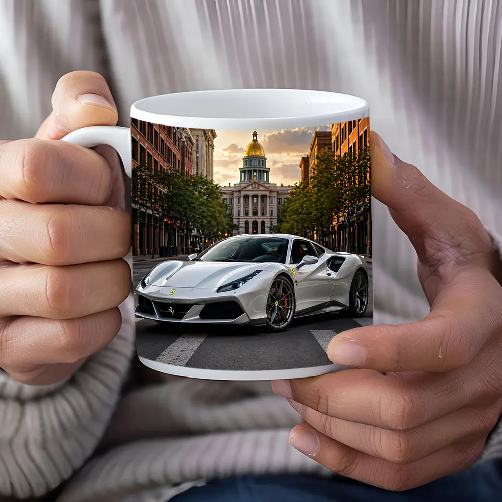 White Ferrari 488 GTB Downtown City Street – Mugs
