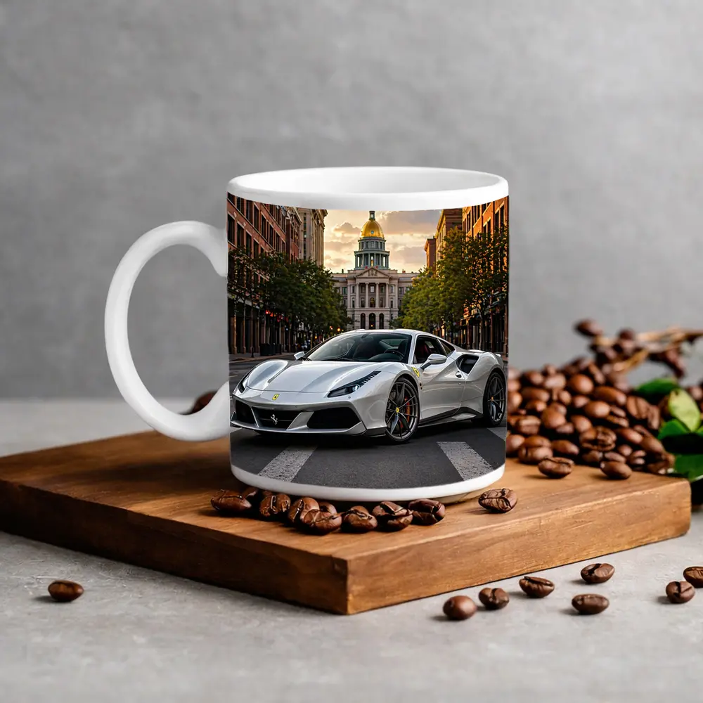 White Ferrari 488 GTB Downtown City Street – Mugs