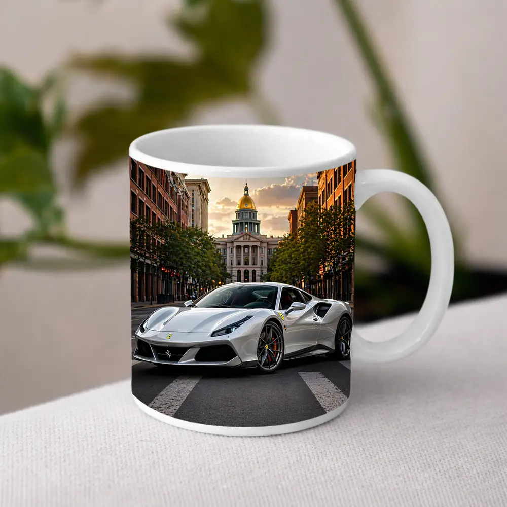 White Ferrari 488 GTB Downtown City Street – Mugs