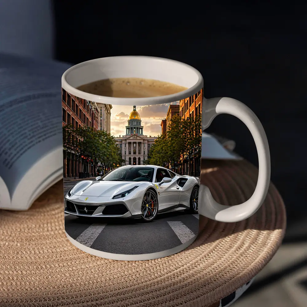 White Ferrari 488 GTB Downtown City Street – Mugs
