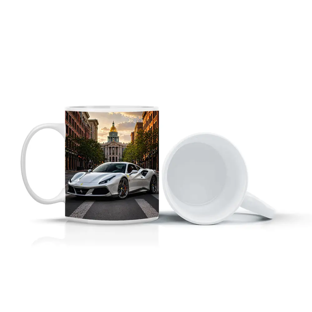 White Ferrari 488 GTB Downtown City Street – Mugs