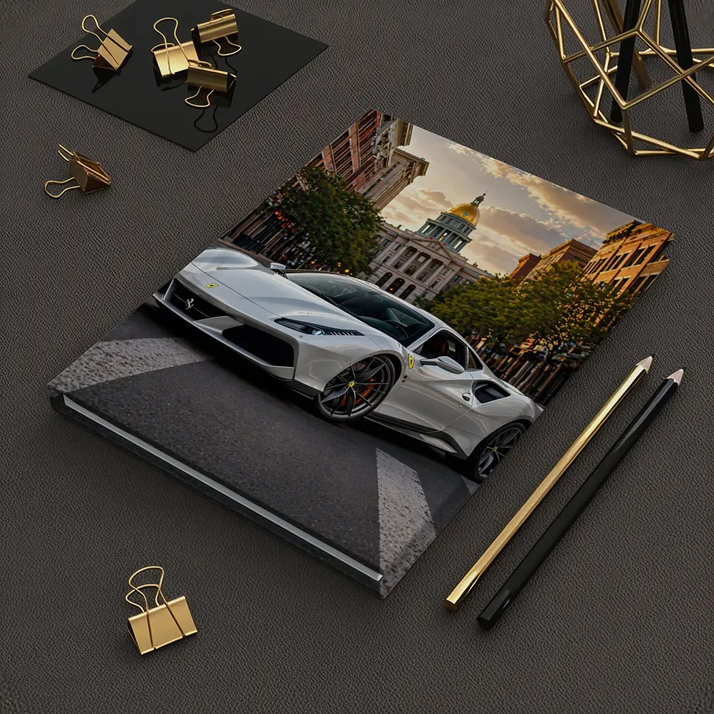 White Ferrari 488 GTB Downtown City Street – Notebooks