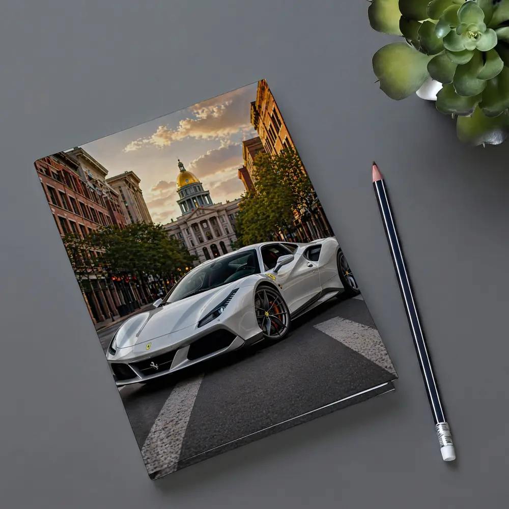 White Ferrari 488 GTB Downtown City Street – Notebooks