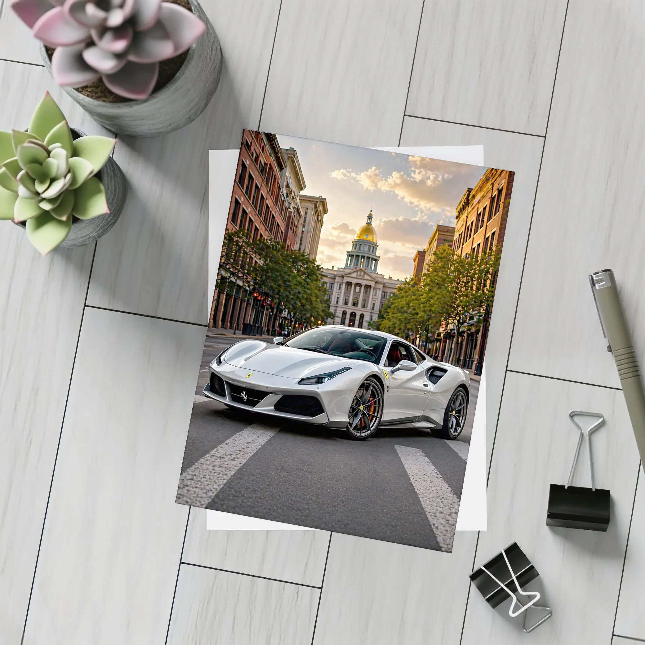 White Ferrari 488 GTB Downtown City Street – Postcards