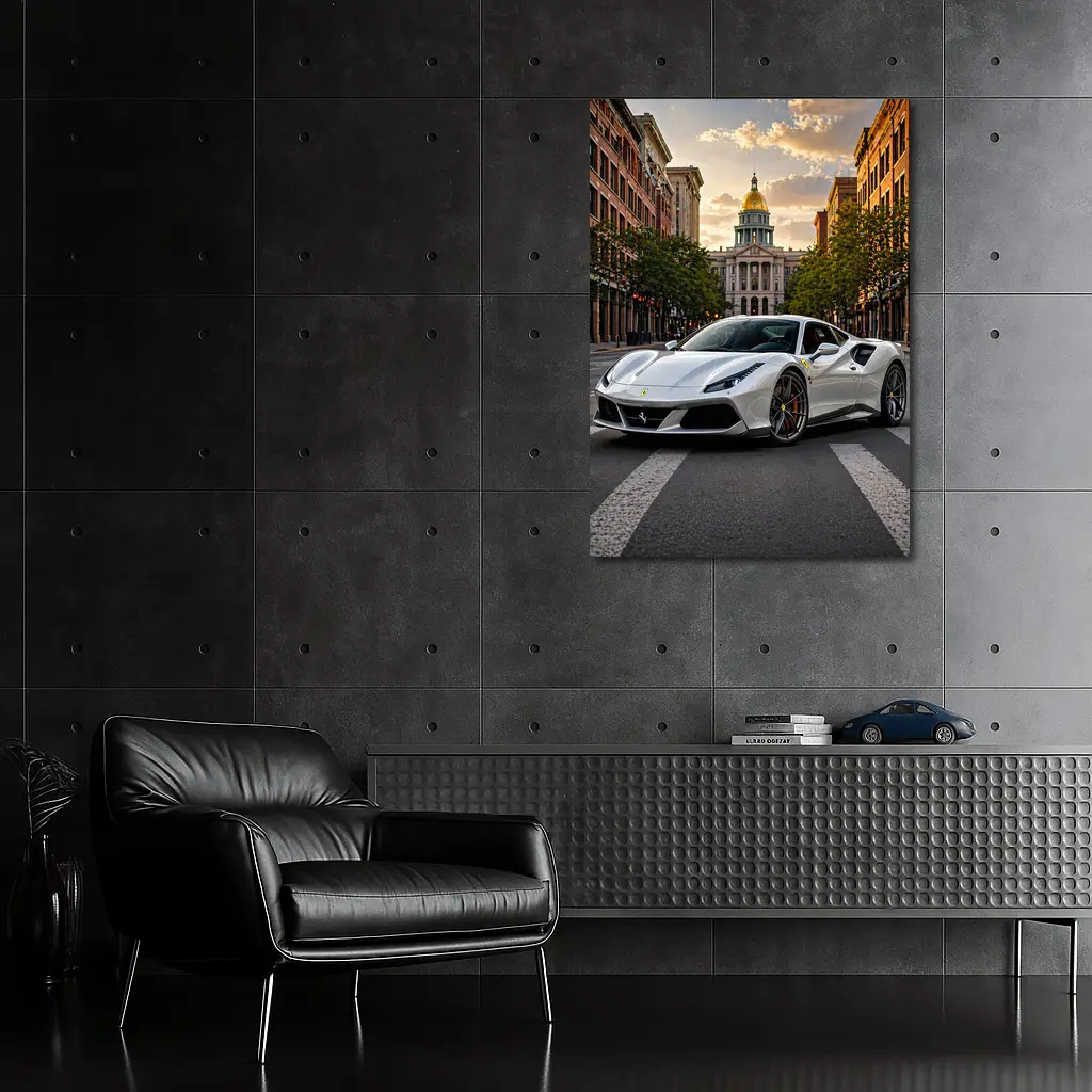 White Ferrari 488 GTB Downtown City Street – Wall Art