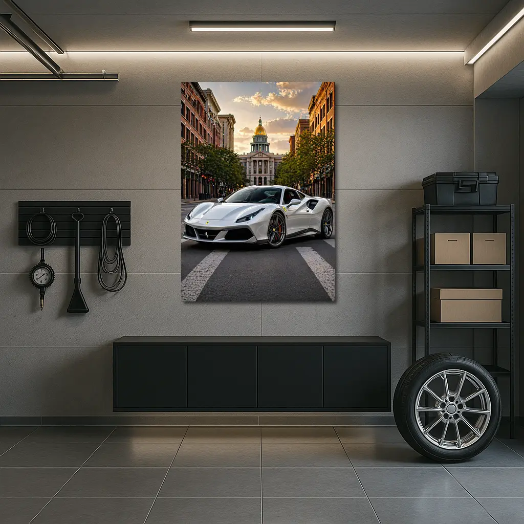White Ferrari 488 GTB Downtown City Street – Wall Art