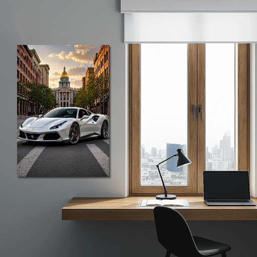 White Ferrari 488 GTB Downtown City Street – Wall Art
