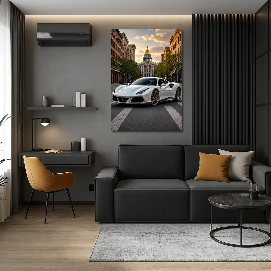 White Ferrari 488 GTB Downtown City Street – Wall Art