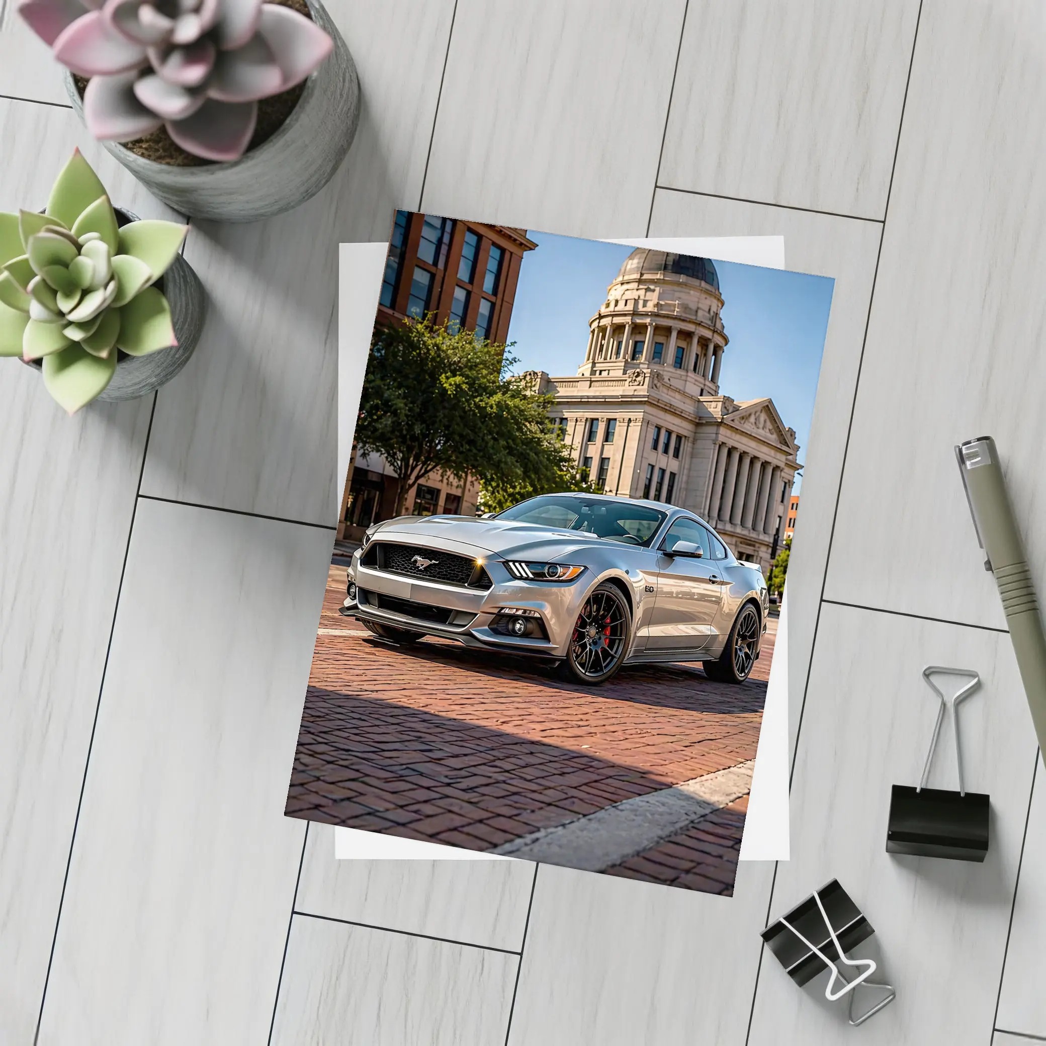 Silver Ford Mustang GT City Plaza – Postcards