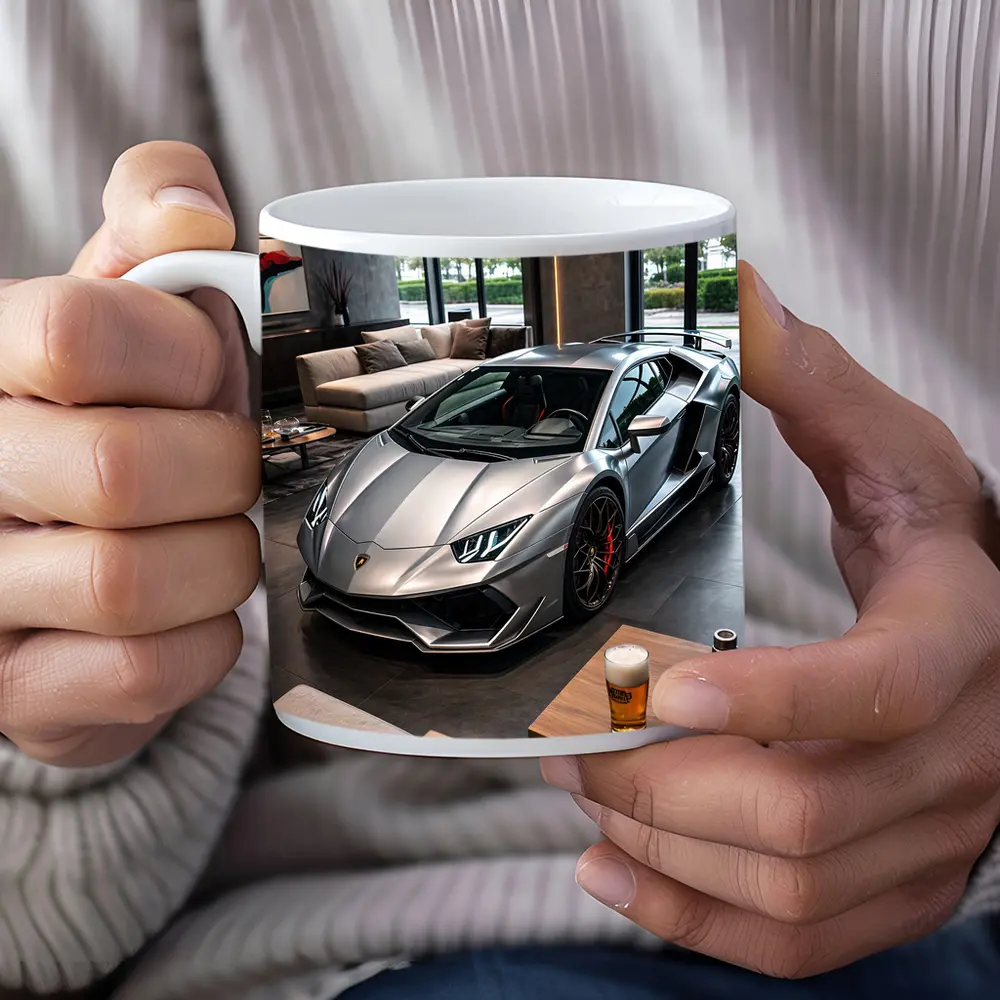 Silver Lamborghini Huracan Inside Luxury Showroom – Mugs