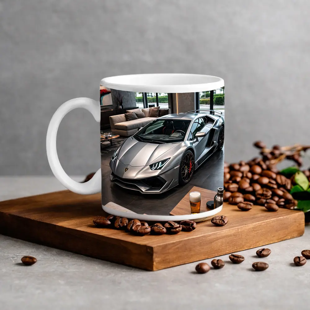 Silver Lamborghini Huracan Inside Luxury Showroom – Mugs