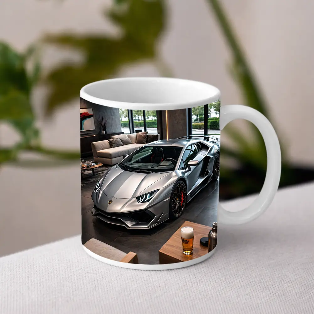 Silver Lamborghini Huracan Inside Luxury Showroom – Mugs