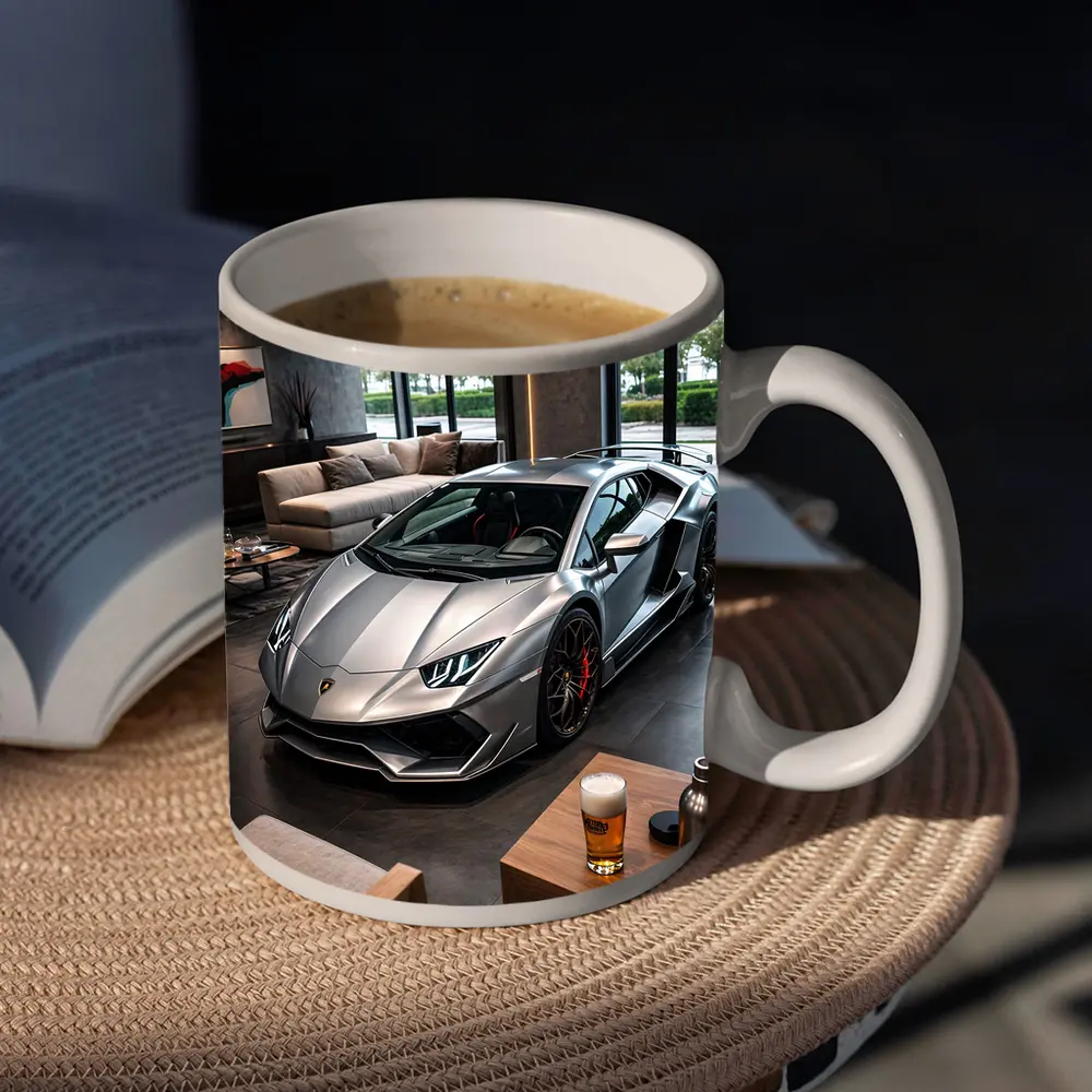 Silver Lamborghini Huracan Inside Luxury Showroom – Mugs
